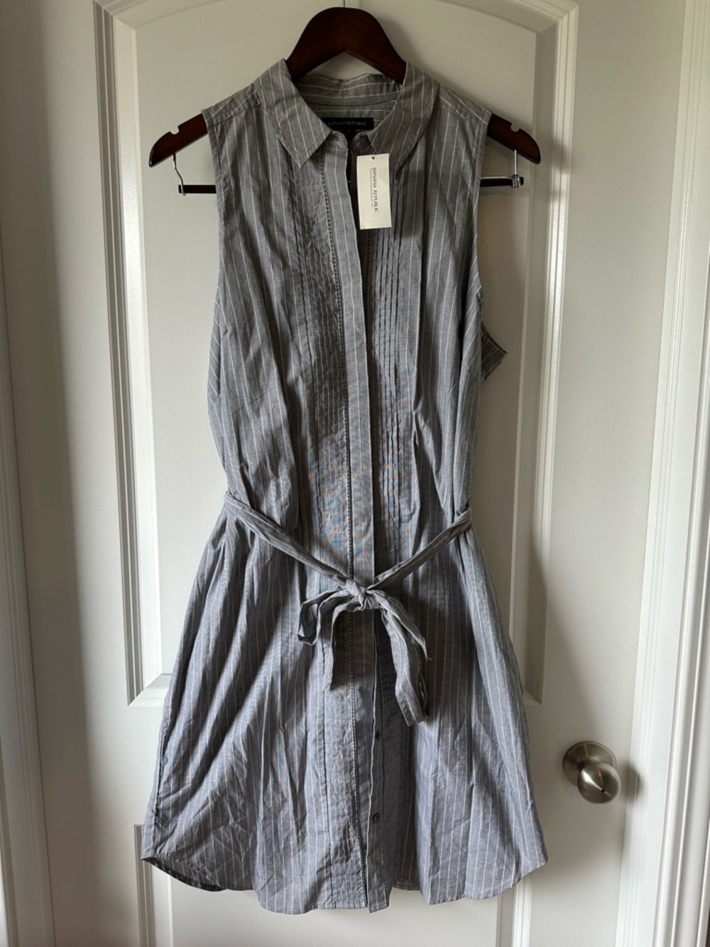 Banana Republic Gray Pinstripe Sleeveless Shirt Dress with Tie Waist